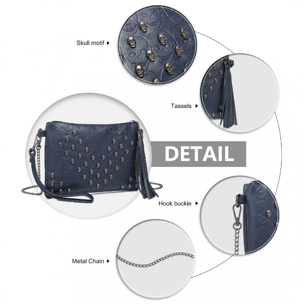 LH2412 - MISS LULU SOFT PU ULTRA-LIGHTWEIGHT CLUTCH BAG WITH SKULL EMBOSSING TASSEL DETAIL AND LONG CHAIN SHOULDER STRAP - NAVY