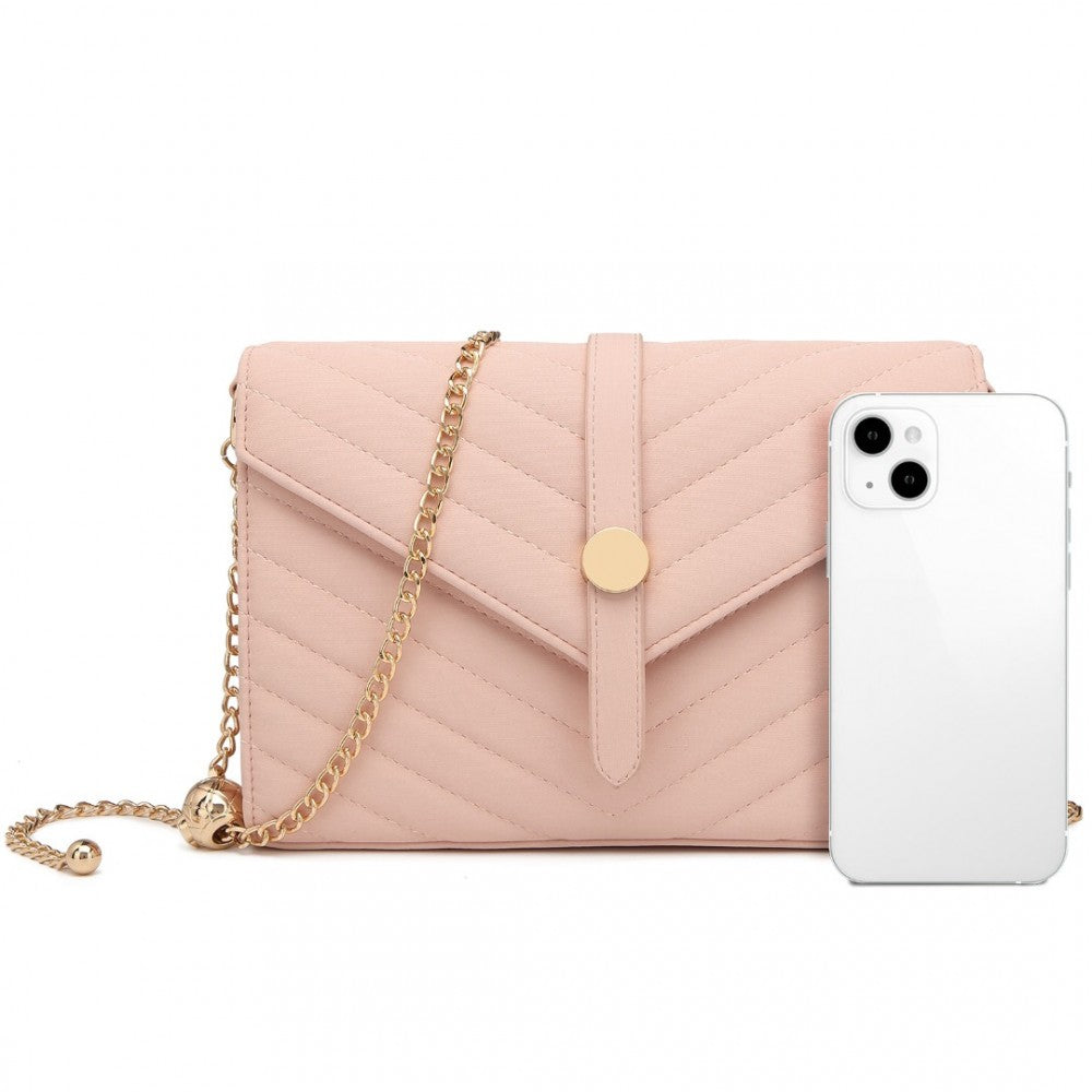 LP2205 - MISS LULU V-STITCHED FLAP LEATHER CHAIN BAG - PINK