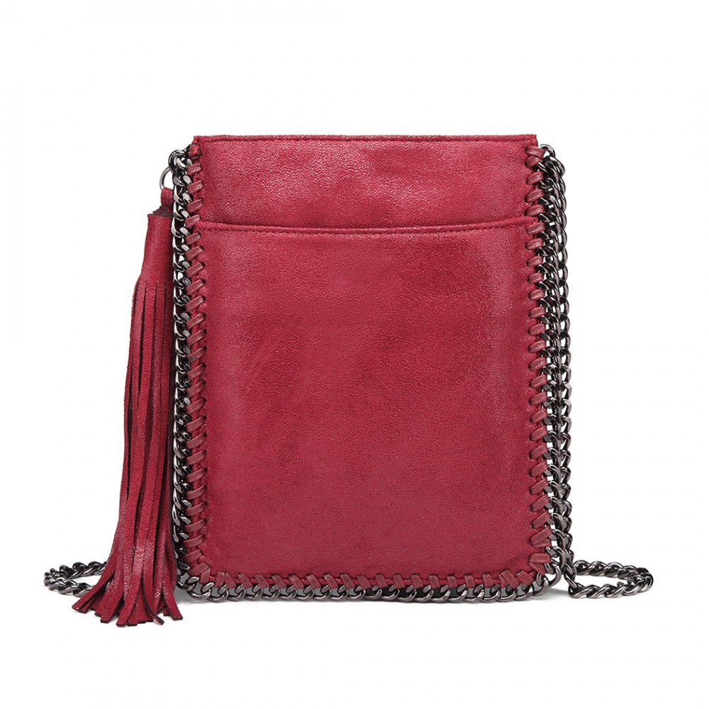 E6845 - MISS LULU LEATHER LOOK CHAIN SHOULDER BAG WITH TASSEL PENDANT - RED