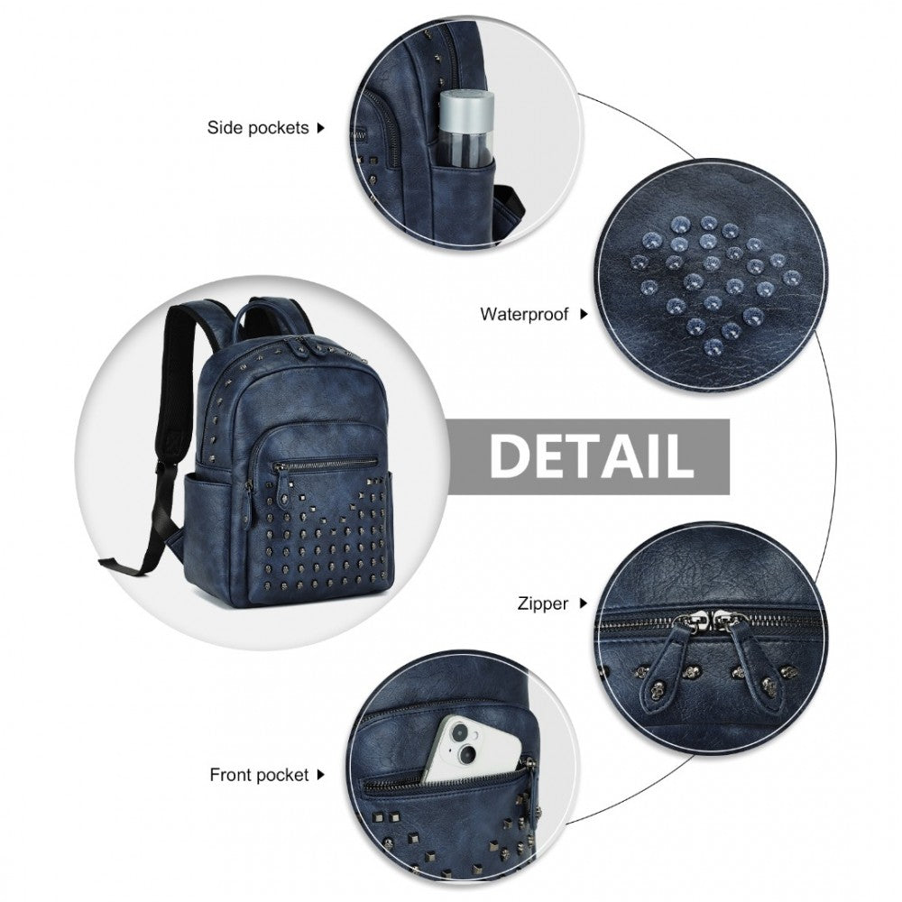 LG2414 - MISS LULU FASHION PU LEATHER SKULL STUDDED BACKPACK DESIGNER URBAN CHIC ROCK STYLE STYLISH CITY BACKPACK WITH DETAILED STUDS - NAVY