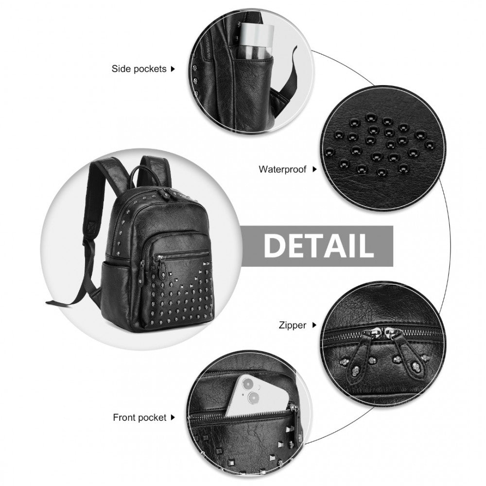 LG2414 - MISS LULU FASHION PU LEATHER SKULL STUDDED BACKPACK DESIGNER URBAN CHIC ROCK STYLE STYLISH CITY BACKPACK WITH DETAILED STUDS - BLACK