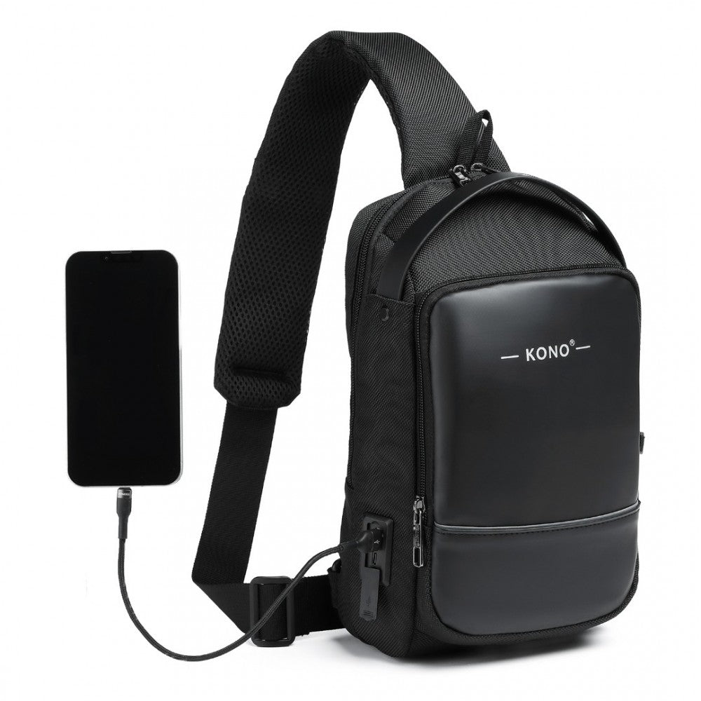 EG2403 - KONO SMART SLING CHEST BAG WITH USB CHARGING PORT LIGHTWEIGHT SINGLE STRAP CROSSBODY BACKPACK FOR DAILY USE IDEAL FOR MEN AND WOMEN - BLACK