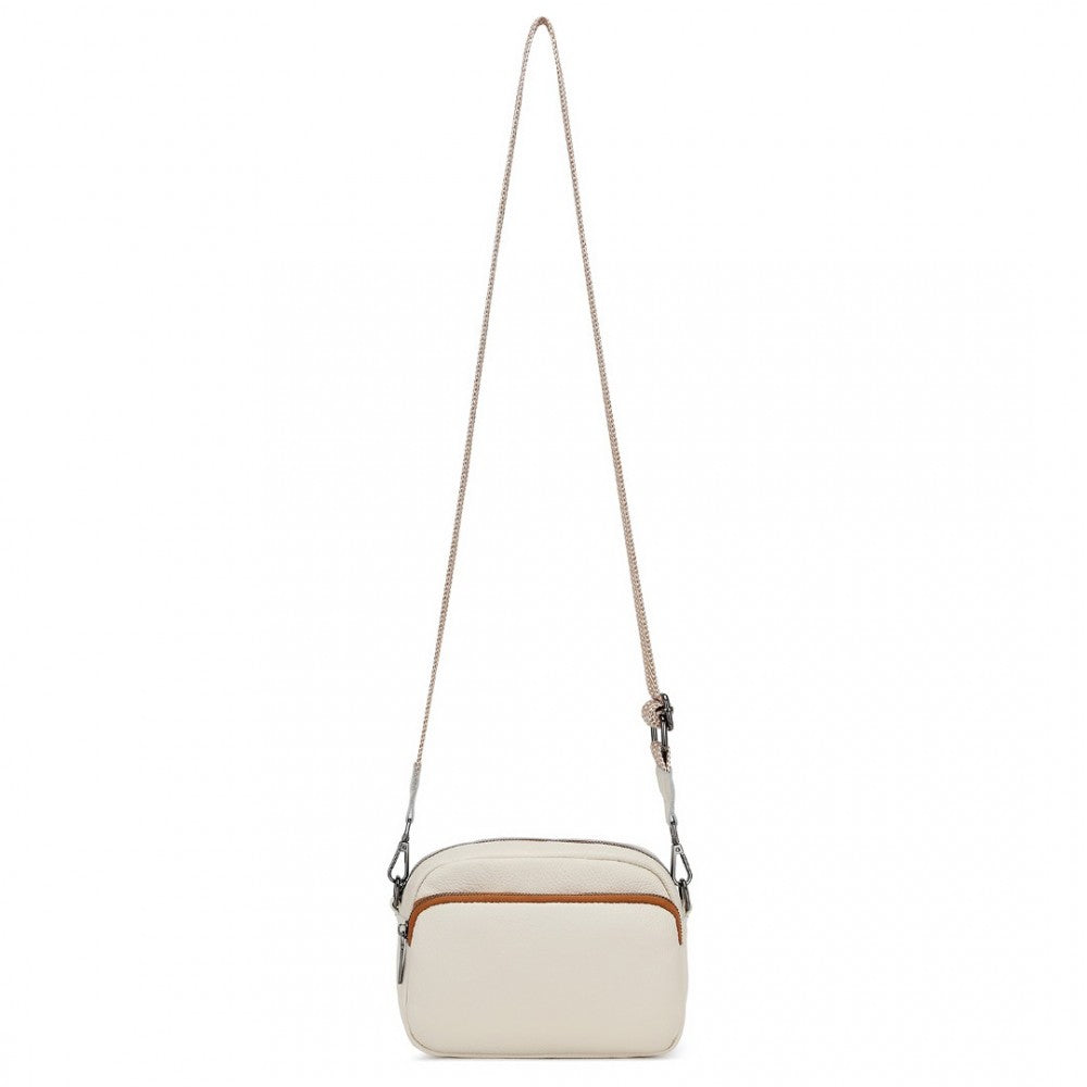 LH2418 - MISS LULU ELEGANT GENUINE LEATHER CROSSBODY SHOULDER BAG WITH JACQUARD WOVEN STRAP - BEIGE AND BROWN