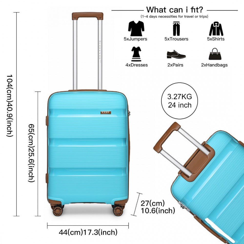 K2092L - KONO 24 INCH BRIGHT HARD SHELL PP SUITCASE - CLASSIC COLLECTION - BLUE AND BROWN