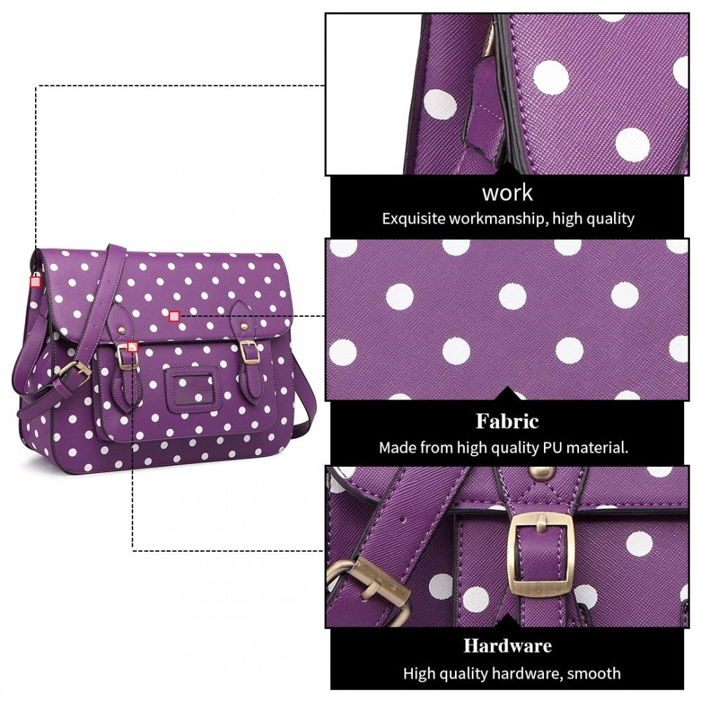 LT1665D2 - MISS LULU POLKA DOT LEATHER LOOK SCHOOL WORK SATCHEL PURPLE