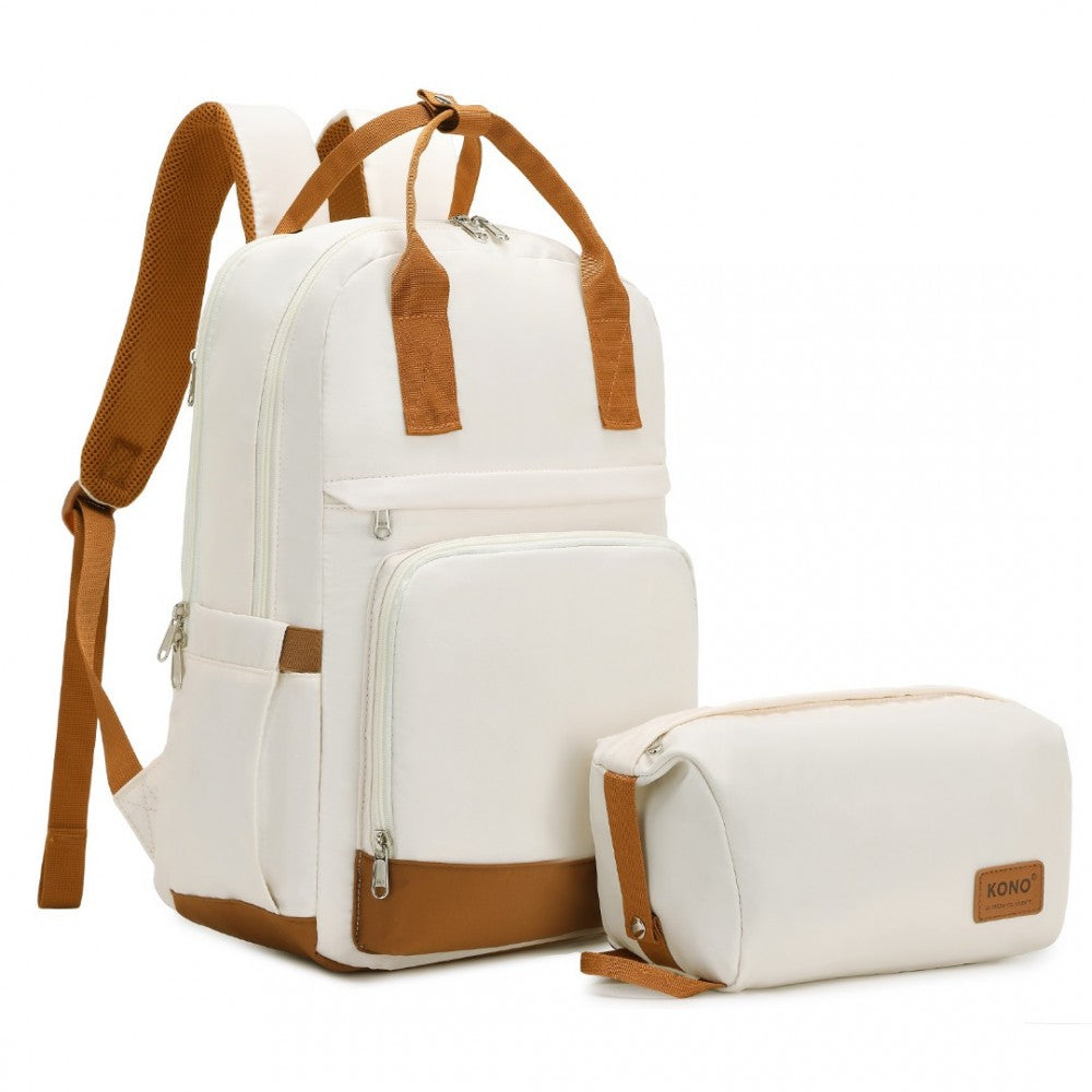 EQ2401 - KONO MULTI-COMPARTMENT LAPTOP BACKPACK WITH TYPE-C USB CHARGING PORT AND SMALL POUCH FOR DAILY COMMUTE AND TRAVEL - CREAM AND BROWN