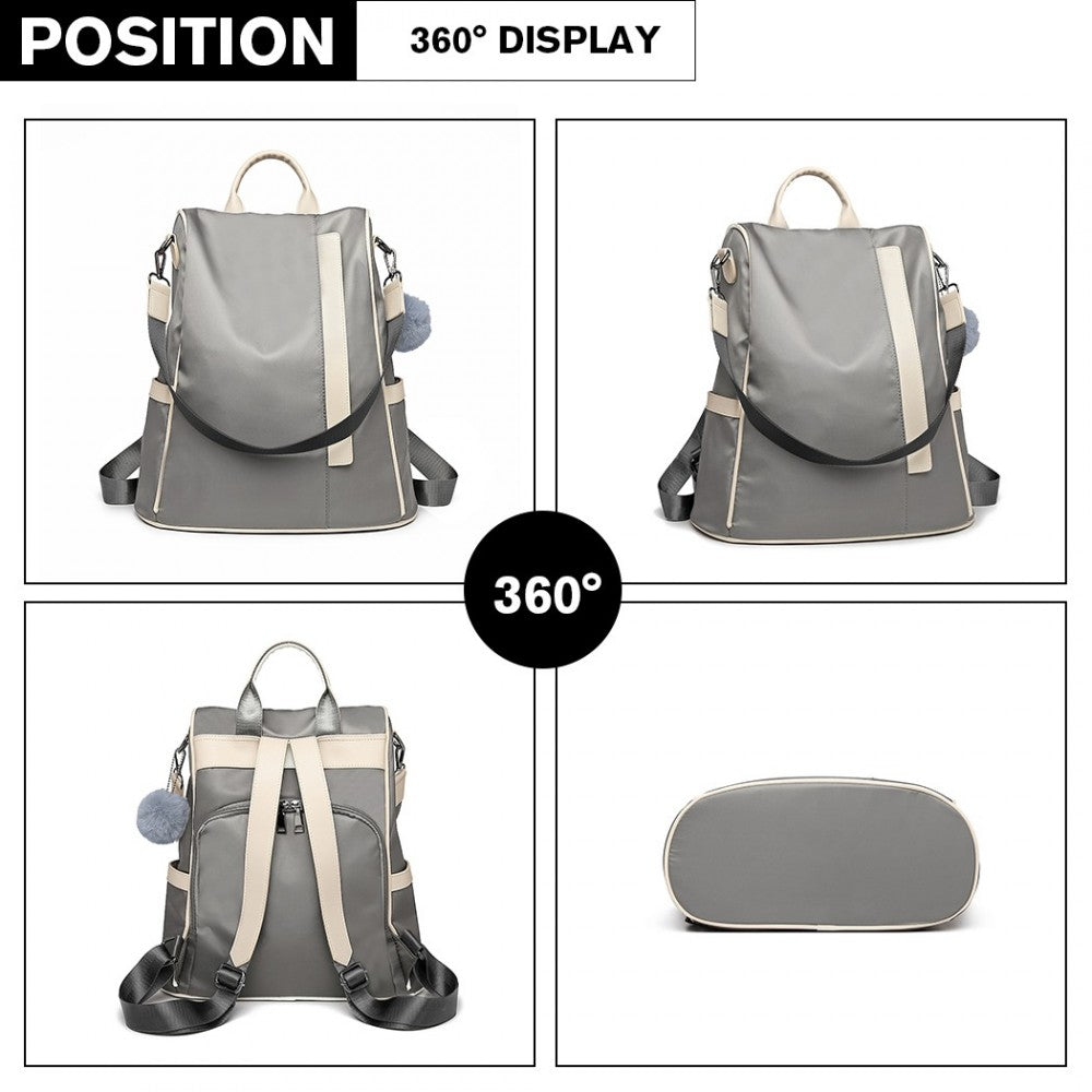 LG6917 - MISS LULU TWO WAY ANTI-THEFT BACKPACK WITH POM POM PENDANT - LIGHT GREY