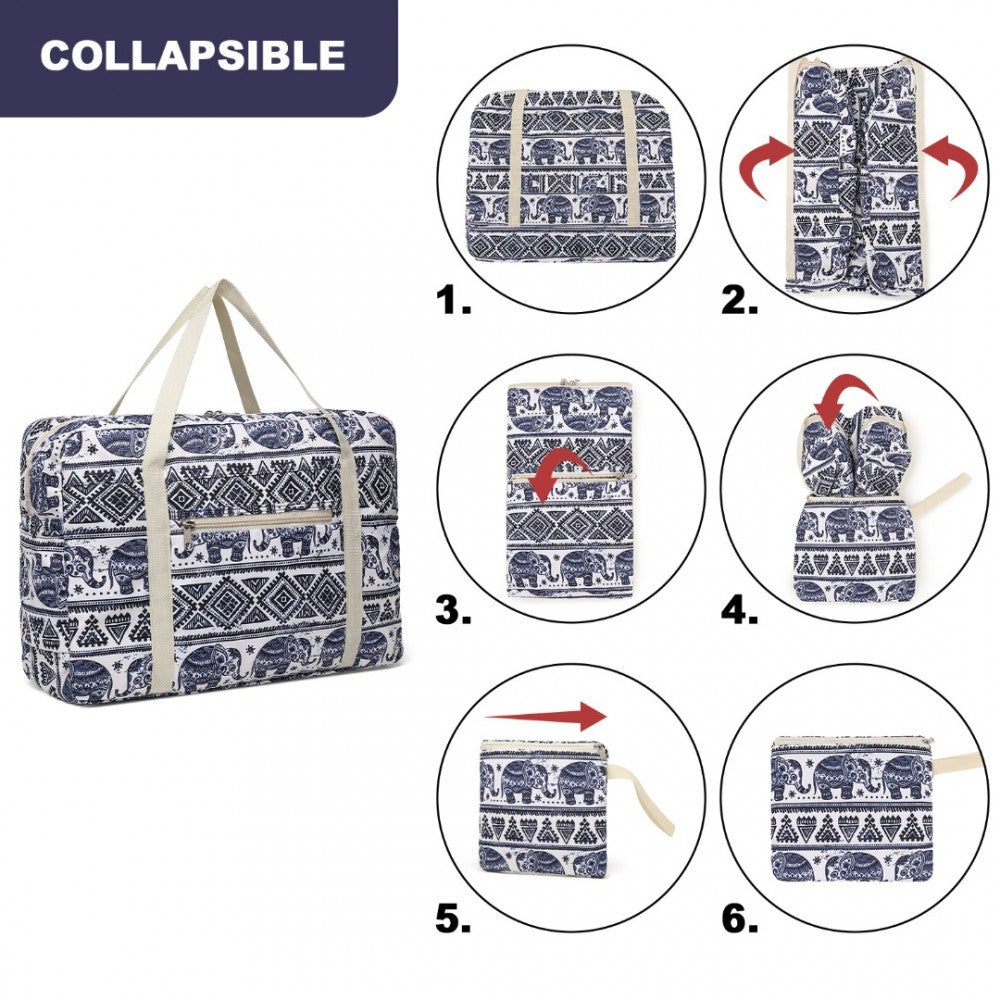 EQ2308E - KONO FOLDABLE WATERPROOF STORAGE CABIN TRAVEL HANDBAG ELEPHANT PRINT - NAVY AND BEIGE