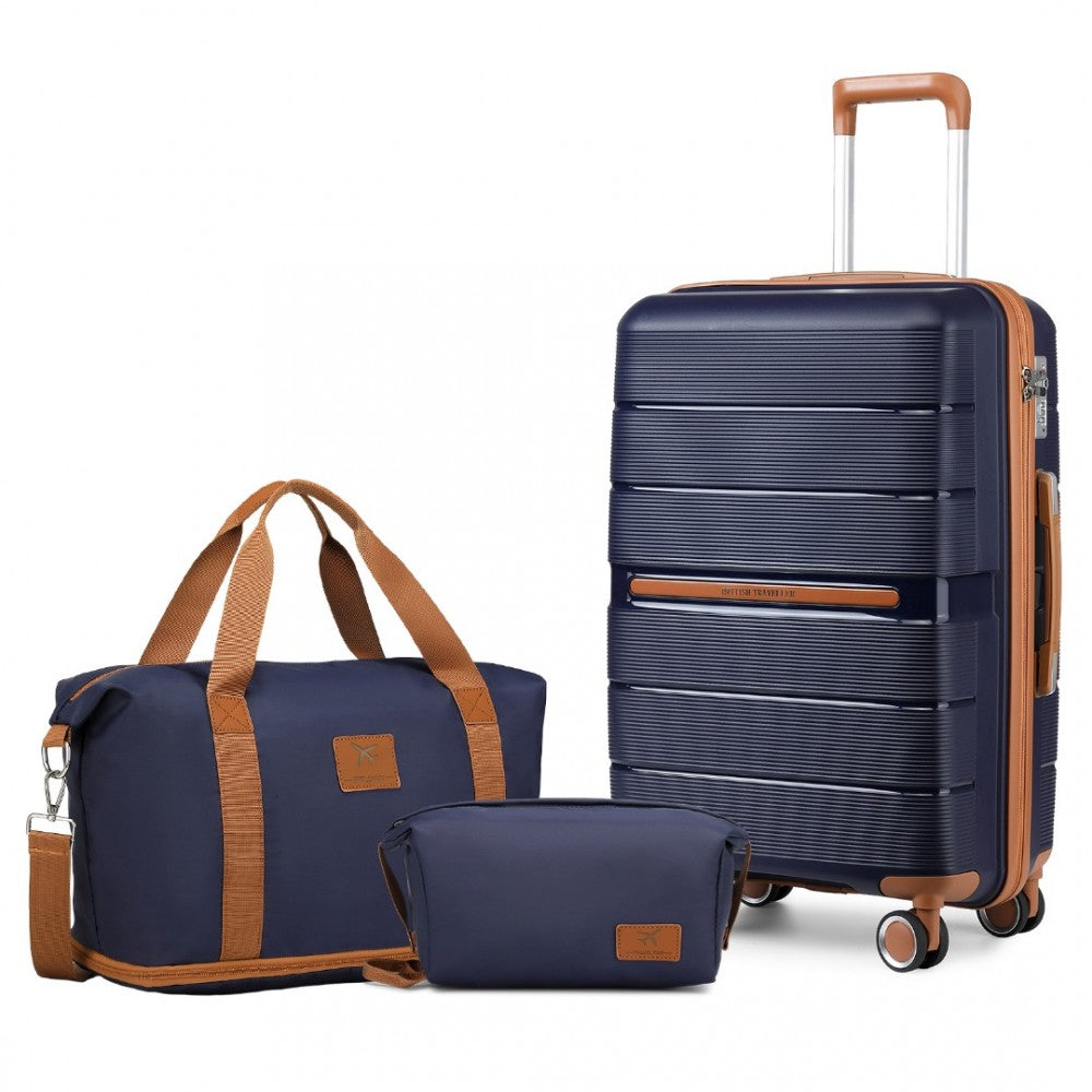 K2392L+S2366 - BRITISH TRAVELLER 20 INCH MULTI-TEXTURE POLYPROPYLENE CABIN SIZE SUITCASE 3 PIECE TRAVEL SET WITH TRAVEL TOTE AND COSMETIC POUCH - NAVY