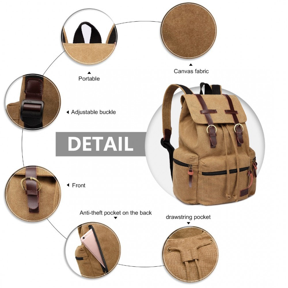 E1672 - KONO LARGE MULTI FUNCTION LEATHER DETAILS CANVAS BACKPACK - BROWN