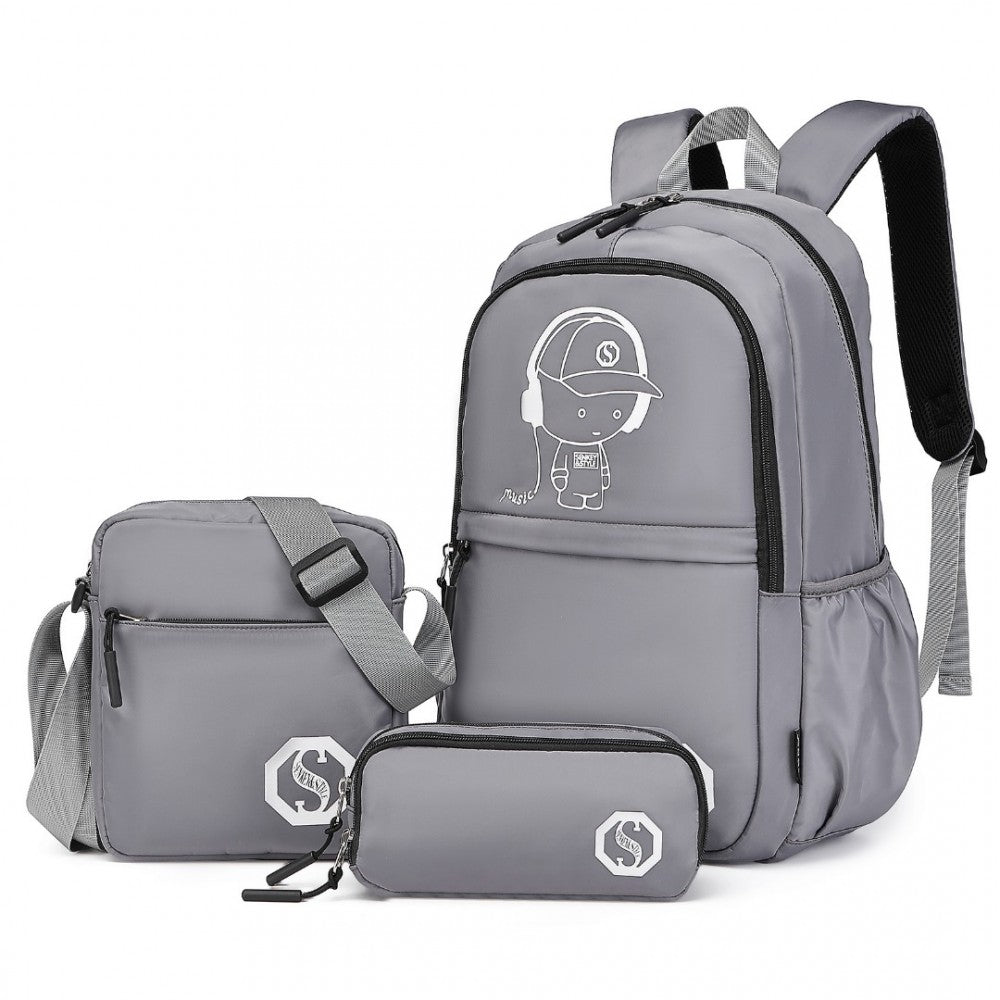 EB2363 - KONO LIGHTWEIGHT & GLOW-IN-THE-DARK 3-PIECE LAPTOP BACKPACK SET WITH CROSSBODY BAG AND PENCIL CASE - GREY