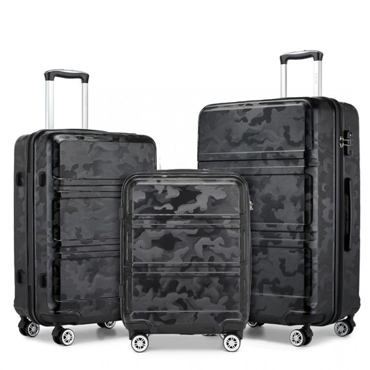 K1871-1L - KONO ABS SCULPTED HORIZONTAL DESIGN 3 PIECE SUITCASE SET - CAMOUFLAGE BLACK