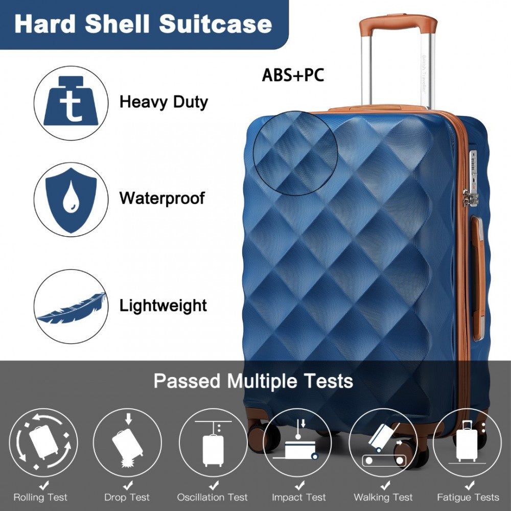 K2395L - BRITISH TRAVELLER 24 INCH ULTRALIGHT ABS AND POLYCARBONATE BUMPY DIAMOND SUITCASE WITH TSA LOCK - NAVY AND BROWN