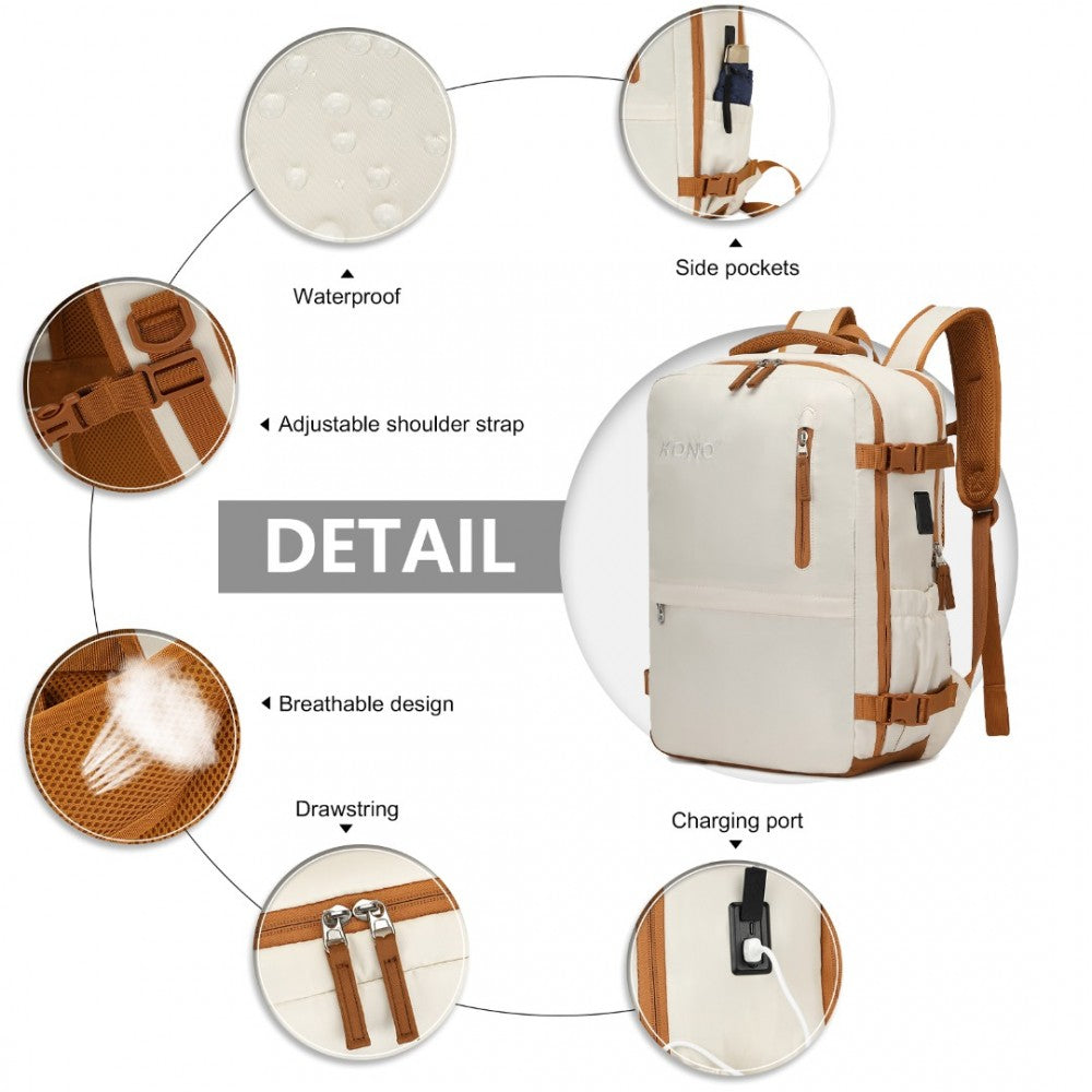 EQ2406 - KONO ULTIMATE TRAVELER'S BACKPACK WITH DETACHABLE WAIST PACK AND INTEGRATED USB/TYPE-C CHARGING PORTS - BEIGE AND BROWN