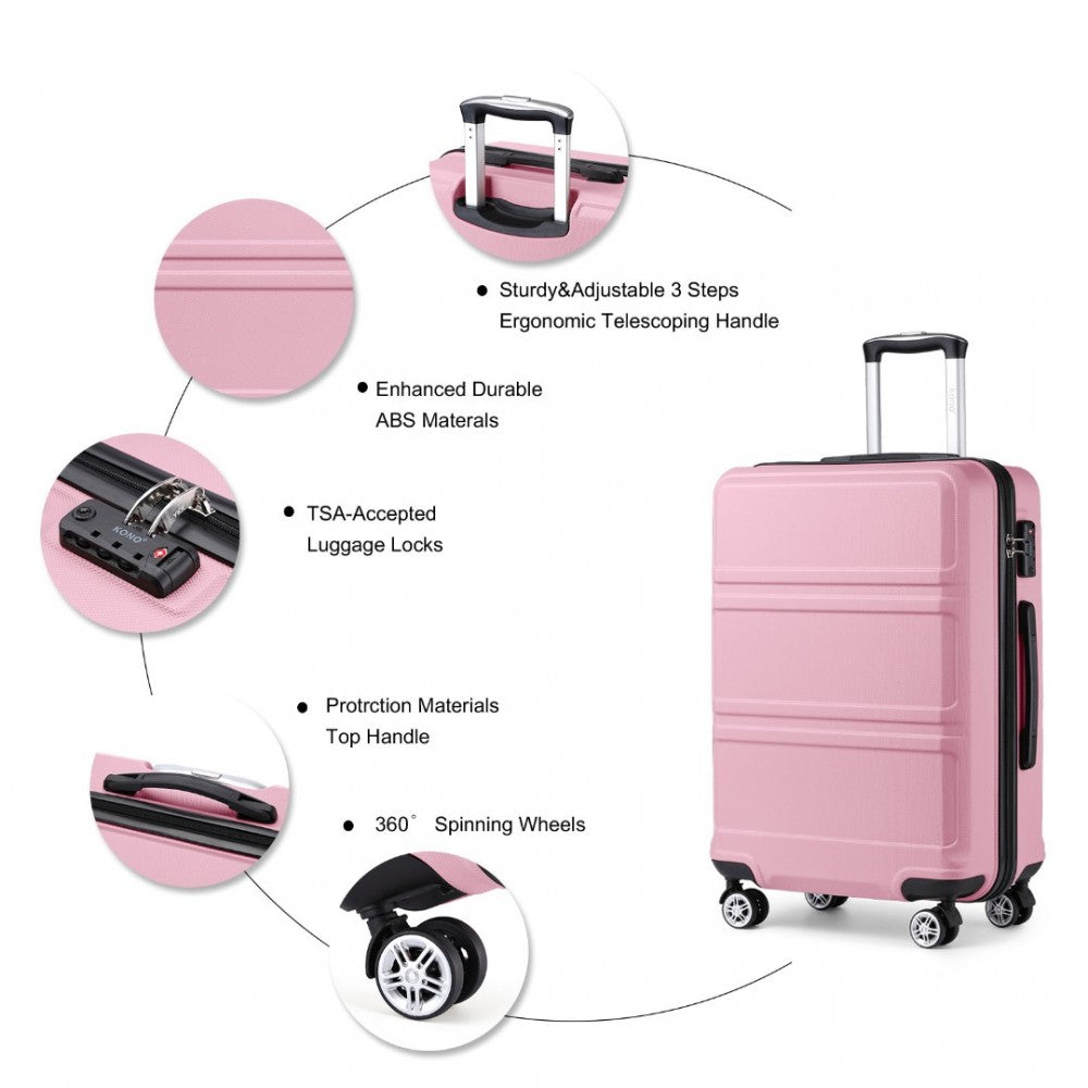 K1871-1L - KONO ABS SCULPTED HORIZONTAL DESIGN 3 PIECE SUITCASE SET - PINK