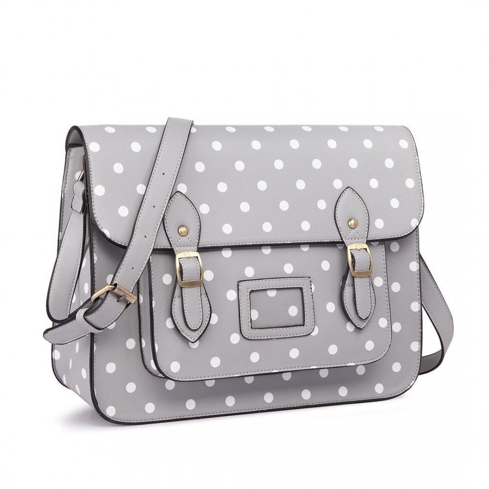 LT1665D2 - MISS LULU POLKA DOT LEATHER LOOK SCHOOL WORK SATCHEL GREY