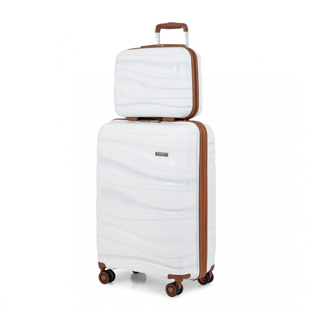 K2094L - KONO 14/20 INCH LIGHTWEIGHT POLYPROPYLENE HARD SHELL 2 PIECE SUITCASE SET WITH TSA LOCK AND VANITY CASE - CREM