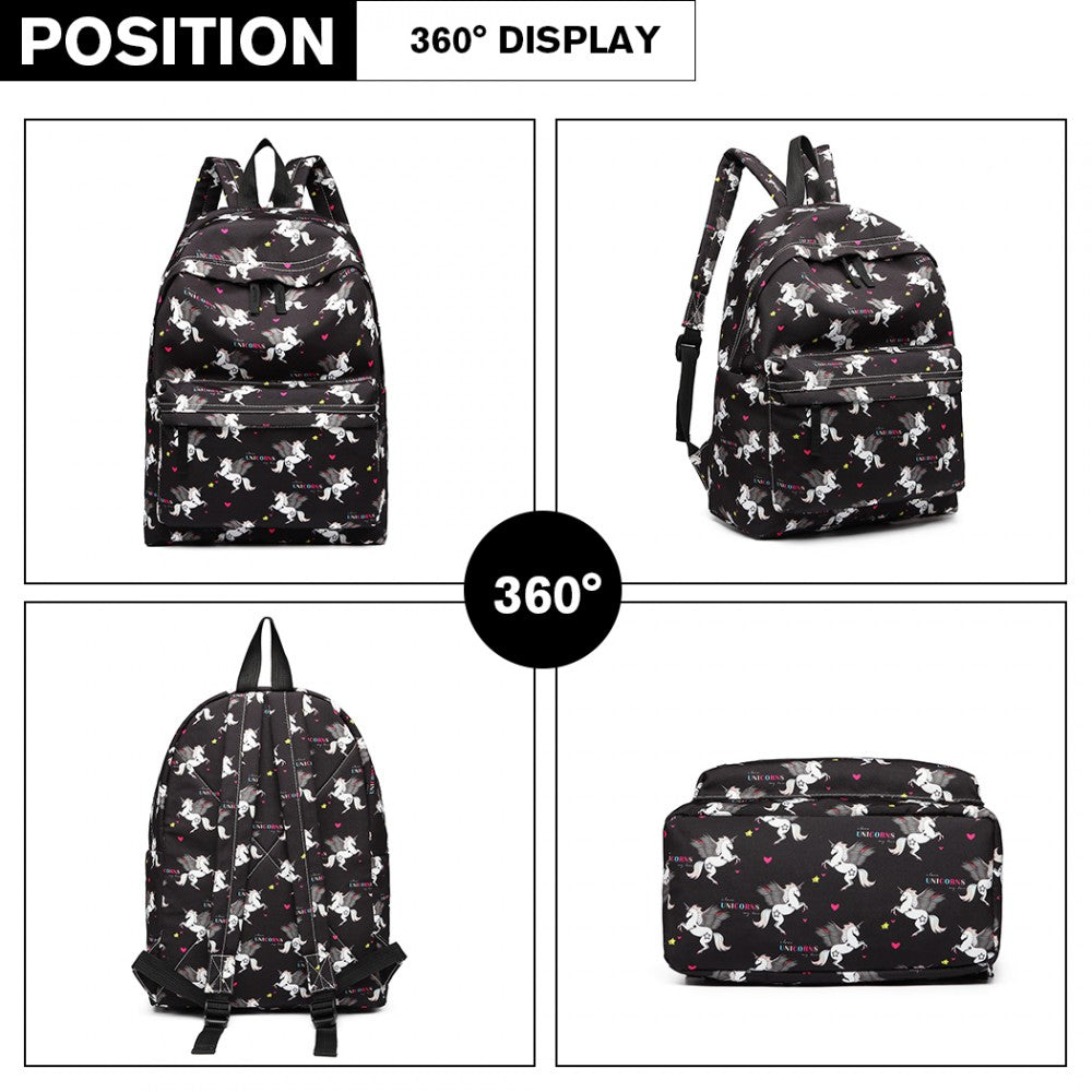 E1401 UN - MISS LULU LARGE BACKPACK UNICORN PRINT - BLACK