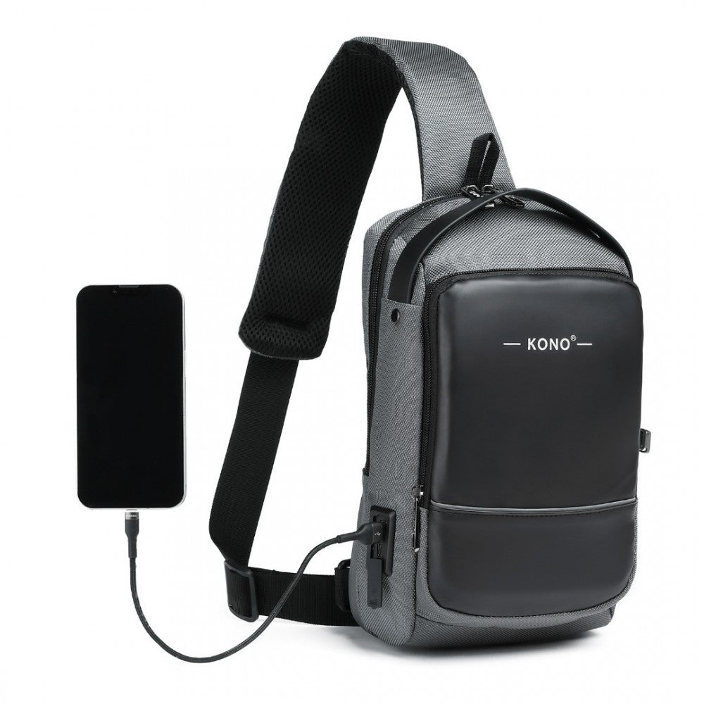 EG2403 - KONO SMART SLING CHEST BAG WITH USB CHARGING PORT LIGHTWEIGHT SINGLE STRAP CROSSBODY BACKPACK FOR DAILY USE IDEAL FOR MEN AND WOMEN - GREY AND BLACK