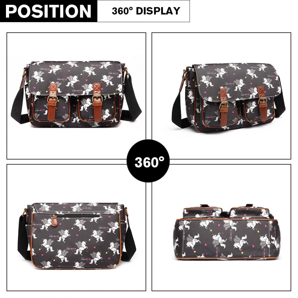 L1107 UN - MISS LULU MATTE OILCLOTH UNICORN SATCHEL - BLACK