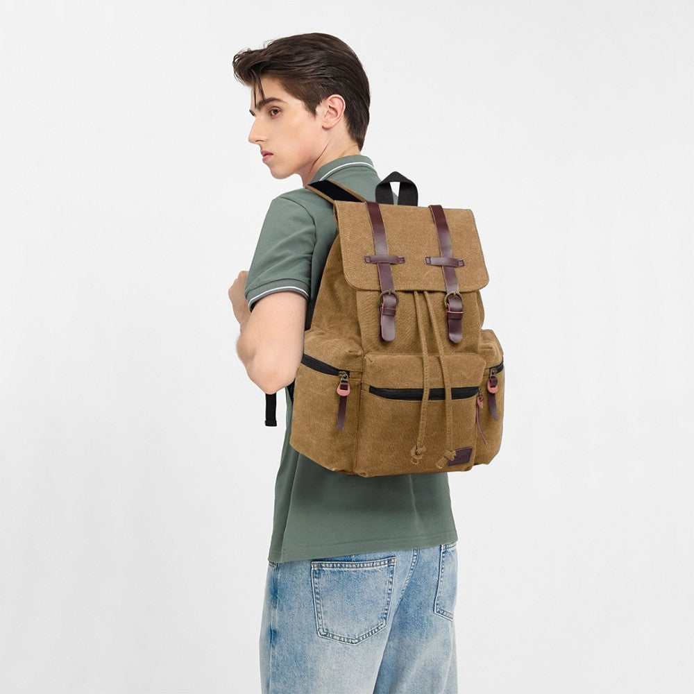 E1672 - KONO LARGE MULTI FUNCTION LEATHER DETAILS CANVAS BACKPACK - BROWN