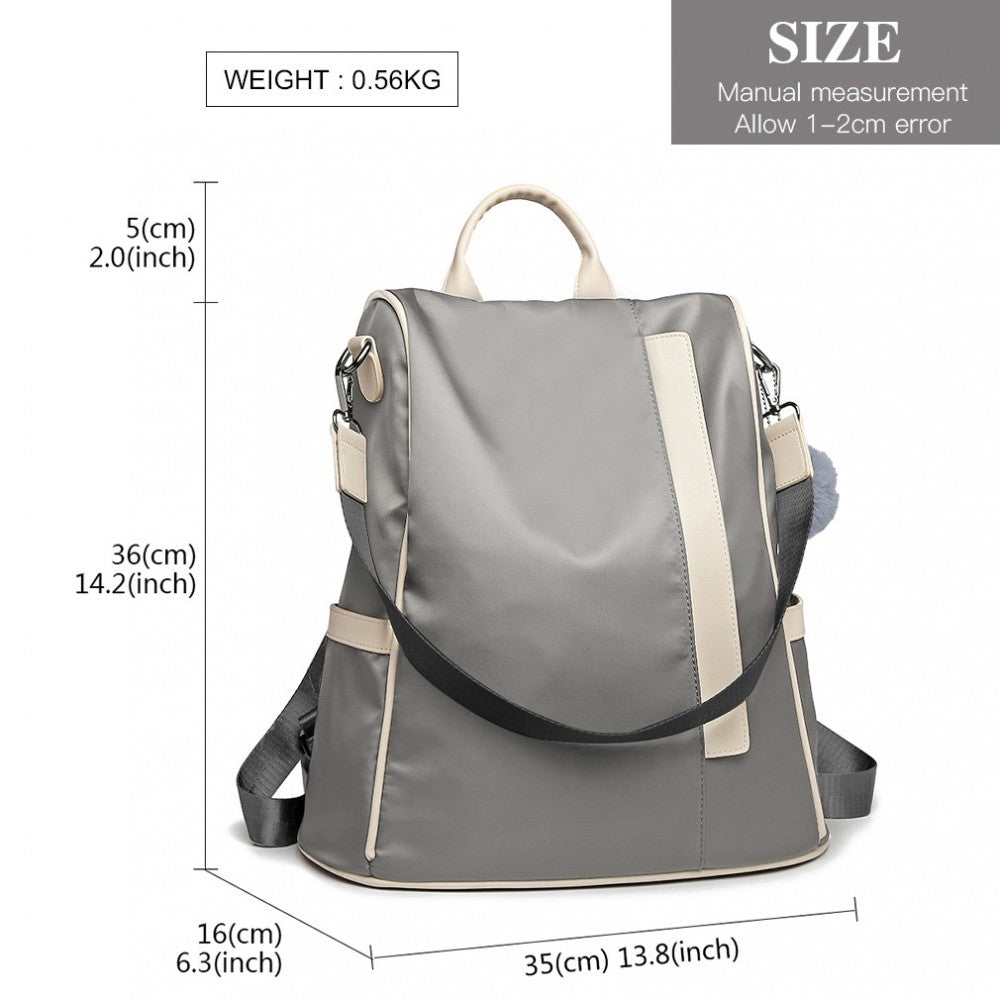 LG6917 - MISS LULU TWO WAY ANTI-THEFT BACKPACK WITH POM POM PENDANT - LIGHT GREY