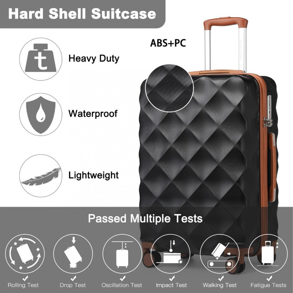 K2395L - BRITISH TRAVELLER 24 INCH ULTRALIGHT ABS AND POLYCARBONATE BUMPY DIAMOND SUITCASE WITH TSA LOCK - BLACK AND BROWN