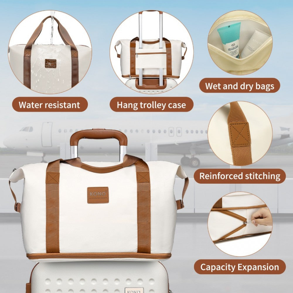 K2394L+EA2212 - KONO 20 INCH ABS CARRY ON CABIN SUITCASE 3 PIECE TRAVEL SET WITH WEEKEND AND TOILETRY BAG - CREAM