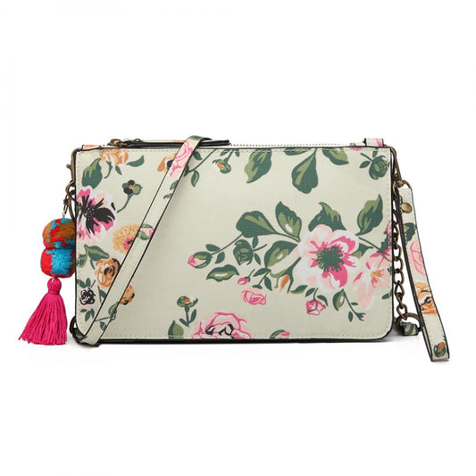 LG6803-MISS LULU CANVAS WITH POMPOM PENDANT HANDBAG SHOULDER BAG BEIGE