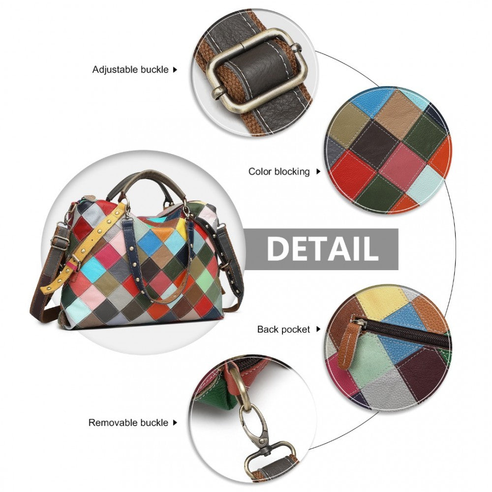 L2331 - MISS LULU GENUINE LEATHER EXQUISITE PATCHWORK COLOUR HANDBAG - MULTI COLOUR