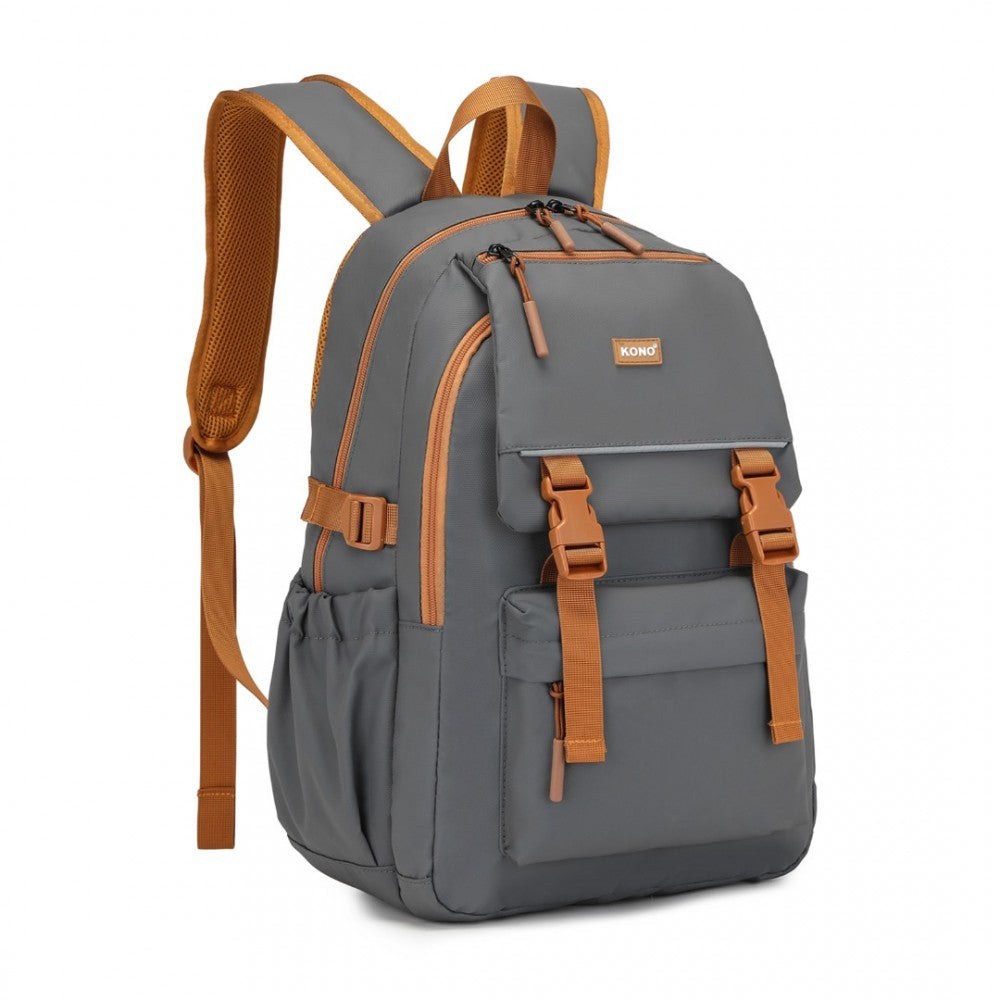 EQ2416 - KONO PVC COATED URBAN WATER-RESISTANT BACKPACK WITH REFLECTIVE SAFETY STRAPS AND MULTI-COMPARTMENT DESIGN - GREY AND BROWN