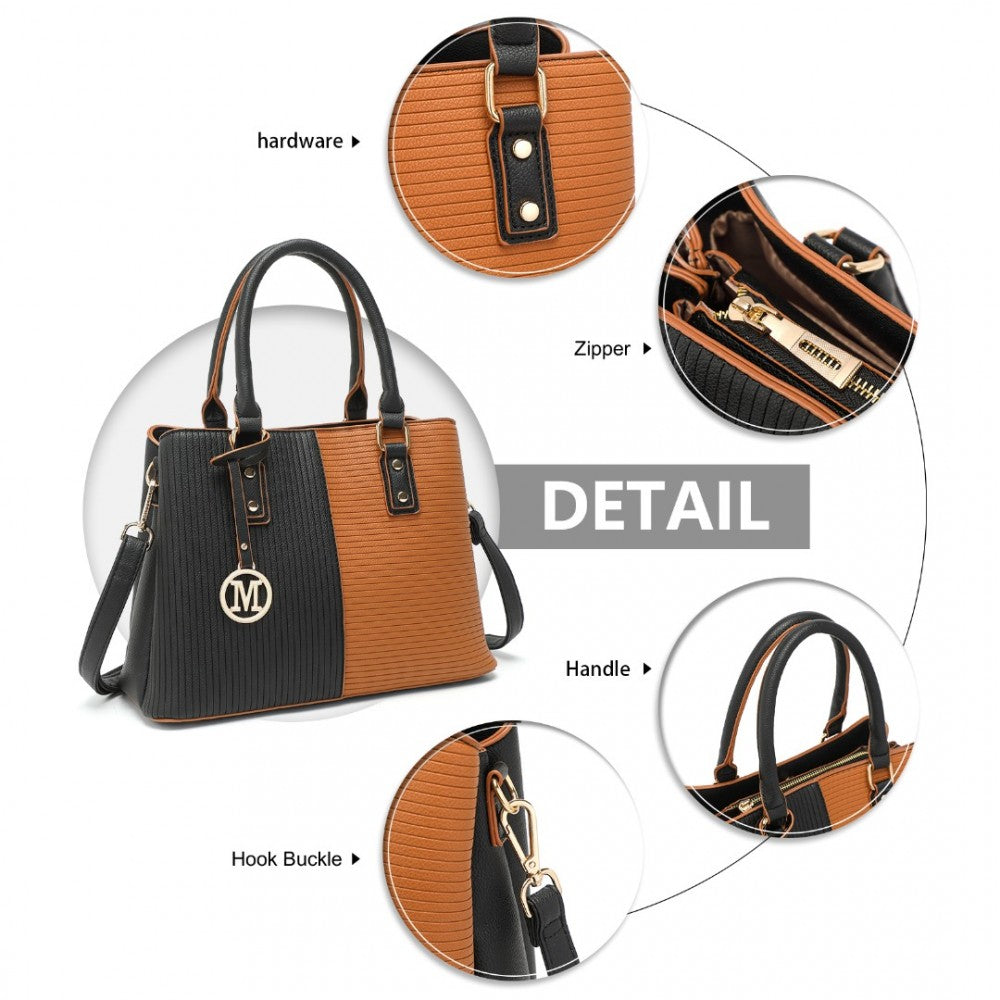 LT2352 - MISS LULU MODERN ELEGANCE PU LEATHER LADY'S TOTE - BLACK AND BROWN