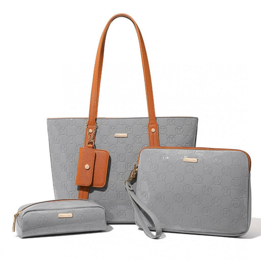 LD2217 - MISS LULU 4 PIECES GLOSSY LEATHER TOTE BAG SET - GREY AND BROWN