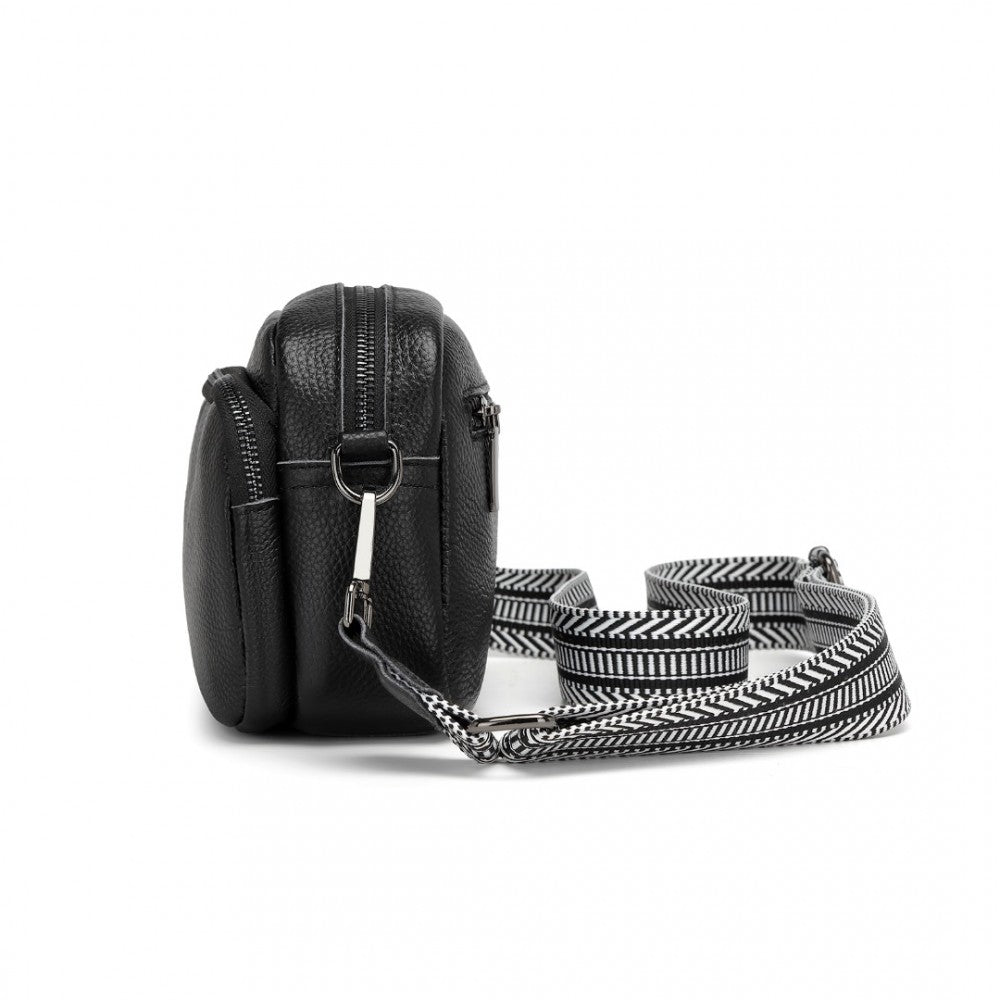 LH2418 - MISS LULU ELEGANT GENUINE LEATHER CROSSBODY SHOULDER BAG WITH JACQUARD WOVEN STRAP - BLACK