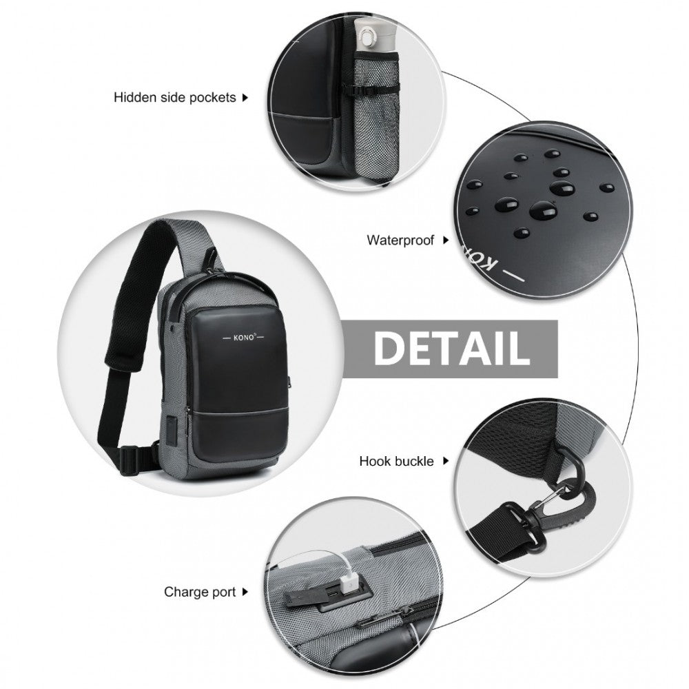 EG2403 - KONO SMART SLING CHEST BAG WITH USB CHARGING PORT LIGHTWEIGHT SINGLE STRAP CROSSBODY BACKPACK FOR DAILY USE IDEAL FOR MEN AND WOMEN - GREY AND BLACK