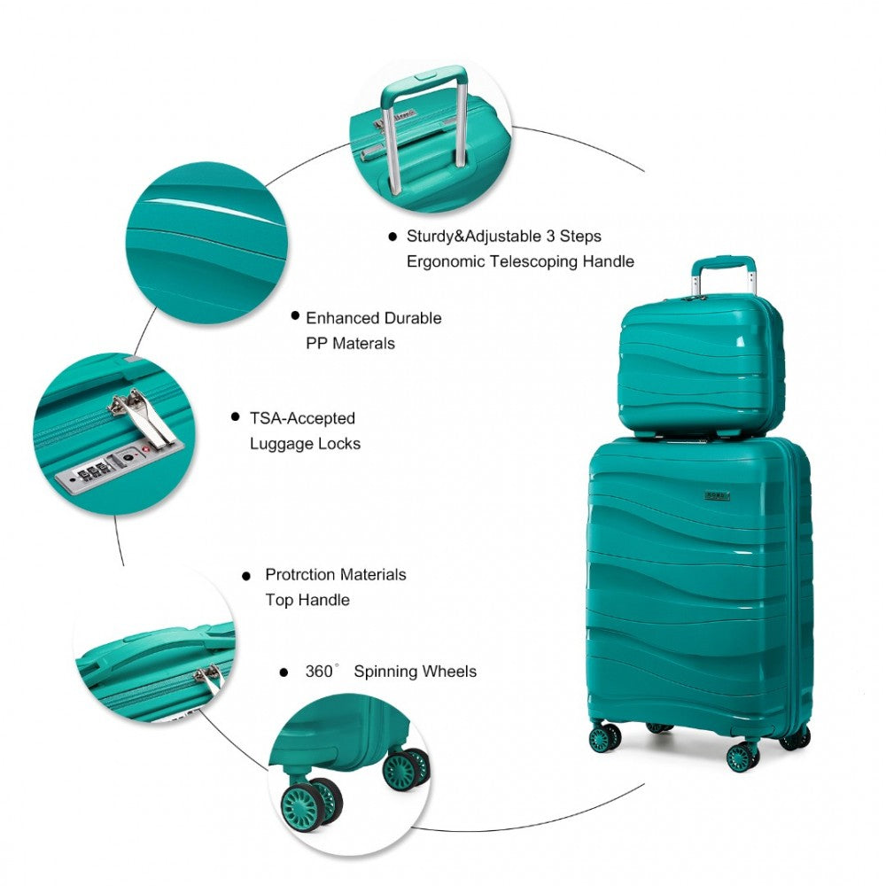 K2094L - KONO 14/20 INCH LIGHTWEIGHT POLYPROPYLENE HARD SHELL 2 PIECE SUITCASE SET WITH TSA LOCK AND VANITY CASE - TEAL