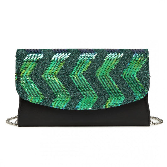 LP2311 - MISS LULU GORGEOUS SEQUINS EVENING CLUTCH BAG CHAIN SHOULDER BAG - BLACK AND GREEN