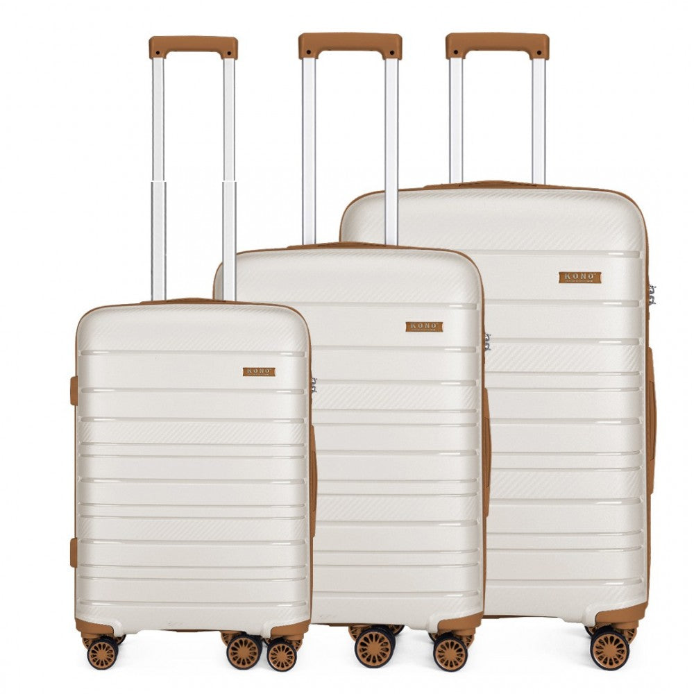 K2091L - KONO MULTI TEXTURE HARD SHELL PP SUITCASE 3 PIECES SET - CLASSIC COLLECTION - CREAM