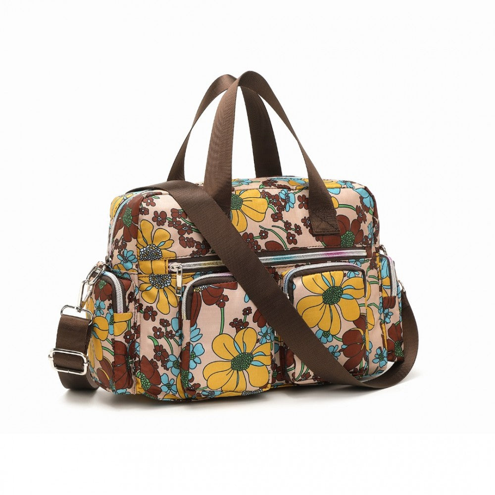 MSK2434F - KONO VERSATILE MULTI-POCKET TRAVEL BAG WITH ADJUSTABLE DETACHABLE STRAP AND FLOWER PRINT - KHAKI