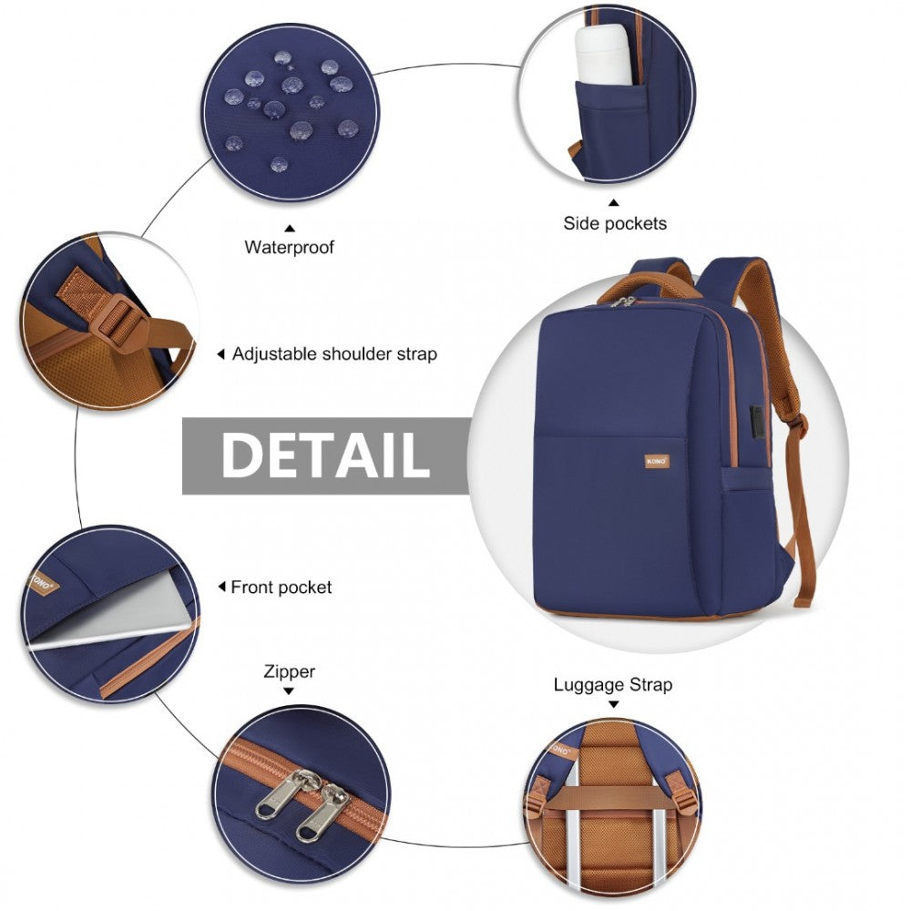 BPK2433 - KONO WATER-RESISTANT LAPTOP BACKPACK WITH USB CHARGING BUSINESS RUCKSACK FOR TRAVEL COMMUTER FEATURES INCLUDES MATCHING POUCH 2 PC SET - NAVY AND BROWN