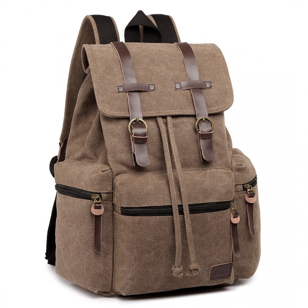 E1672 - KONO LARGE MULTI FUNCTION LEATHER DETAILS CANVAS BACKPACK - COFFEE