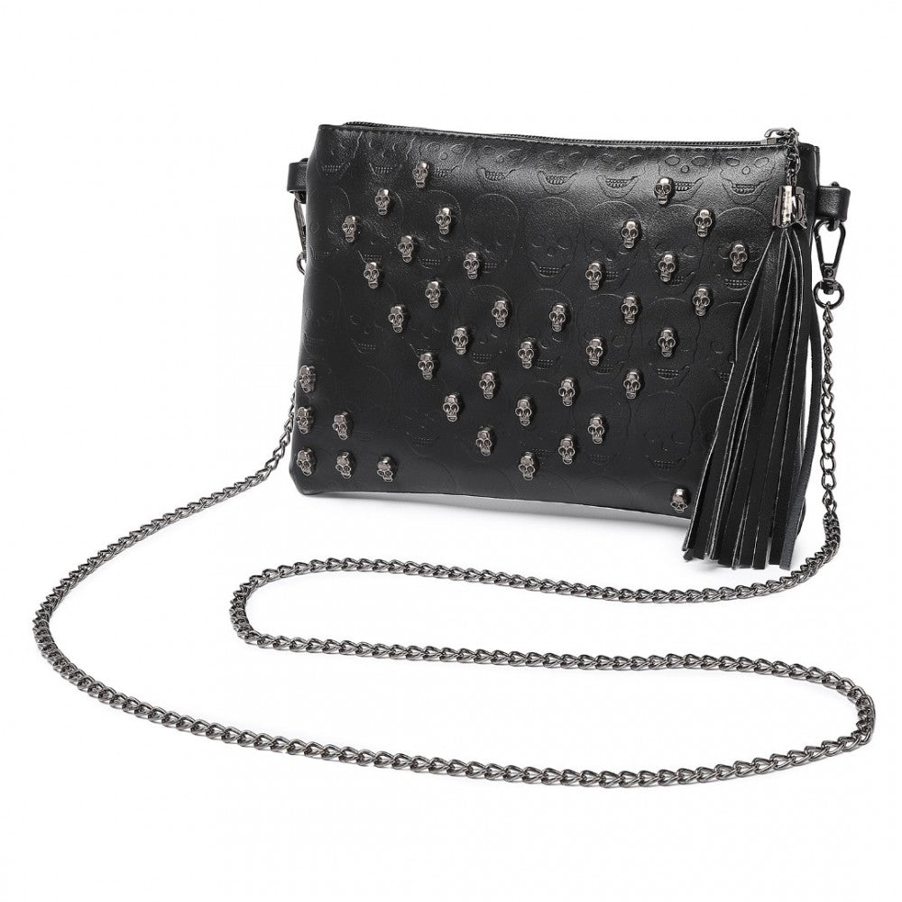 LH2412 - MISS LULU SOFT PU ULTRA-LIGHTWEIGHT CLUTCH BAG WITH SKULL EMBOSSING TASSEL DETAIL AND LONG CHAIN SHOULDER STRAP - BLACK