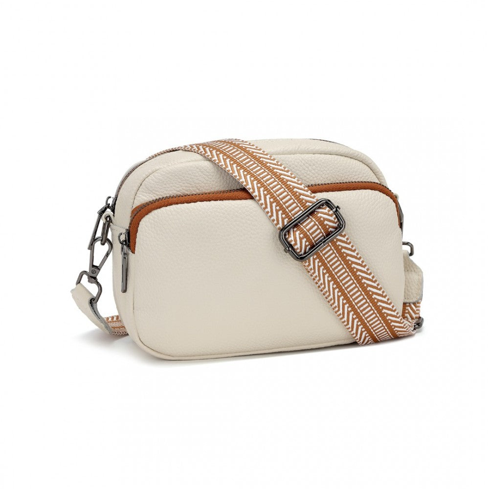 LH2418 - MISS LULU ELEGANT GENUINE LEATHER CROSSBODY SHOULDER BAG WITH JACQUARD WOVEN STRAP - BEIGE AND BROWN