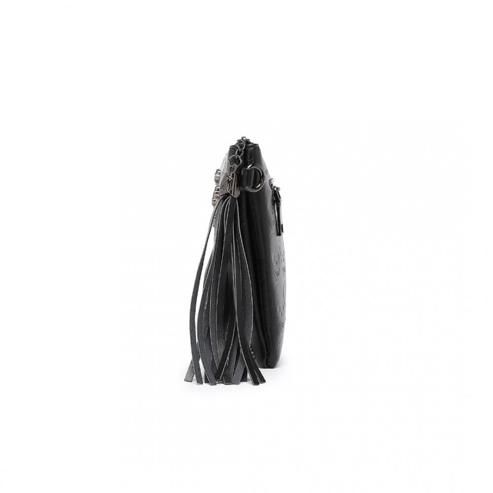 LH2412 - MISS LULU SOFT PU ULTRA-LIGHTWEIGHT CLUTCH BAG WITH SKULL EMBOSSING TASSEL DETAIL AND LONG CHAIN SHOULDER STRAP - BLACK