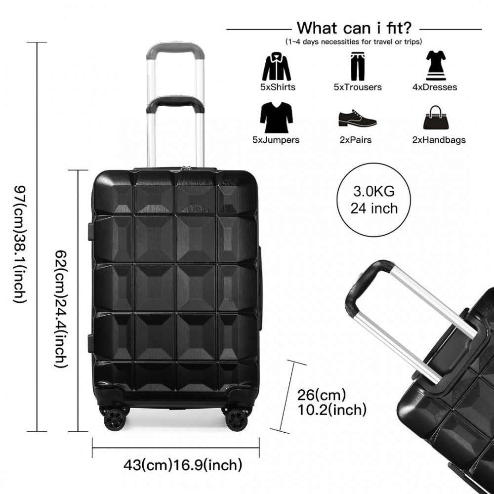 K2292L - KONO 24 INCH LIGHTWEIGHT HARD SHELL ABS SUITCASE WITH TSA LOCK - BLACK