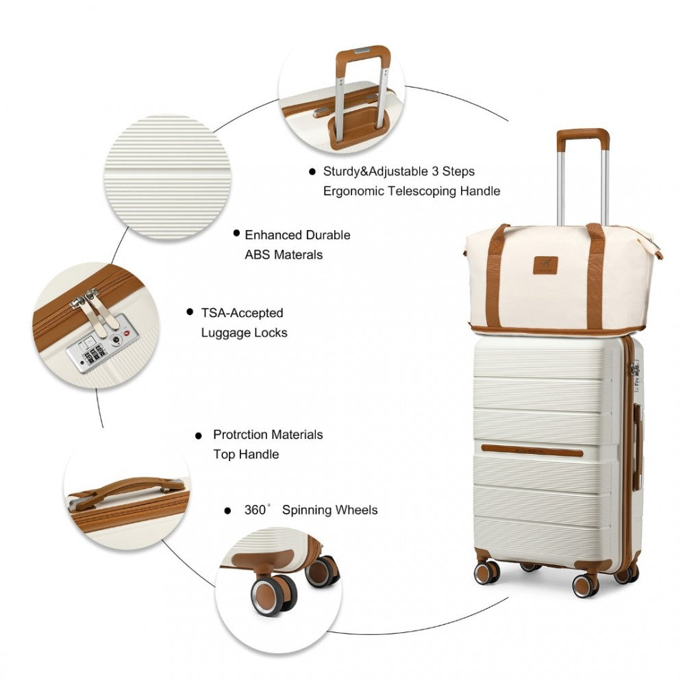 K2392L+S2366 - BRITISH TRAVELLER 20 INCH MULTI-TEXTURE POLYPROPYLENE CABIN SIZE SUITCASE 3 PIECE TRAVEL SET WITH TRAVEL TOTE AND COSMETIC POUCH - CREAM