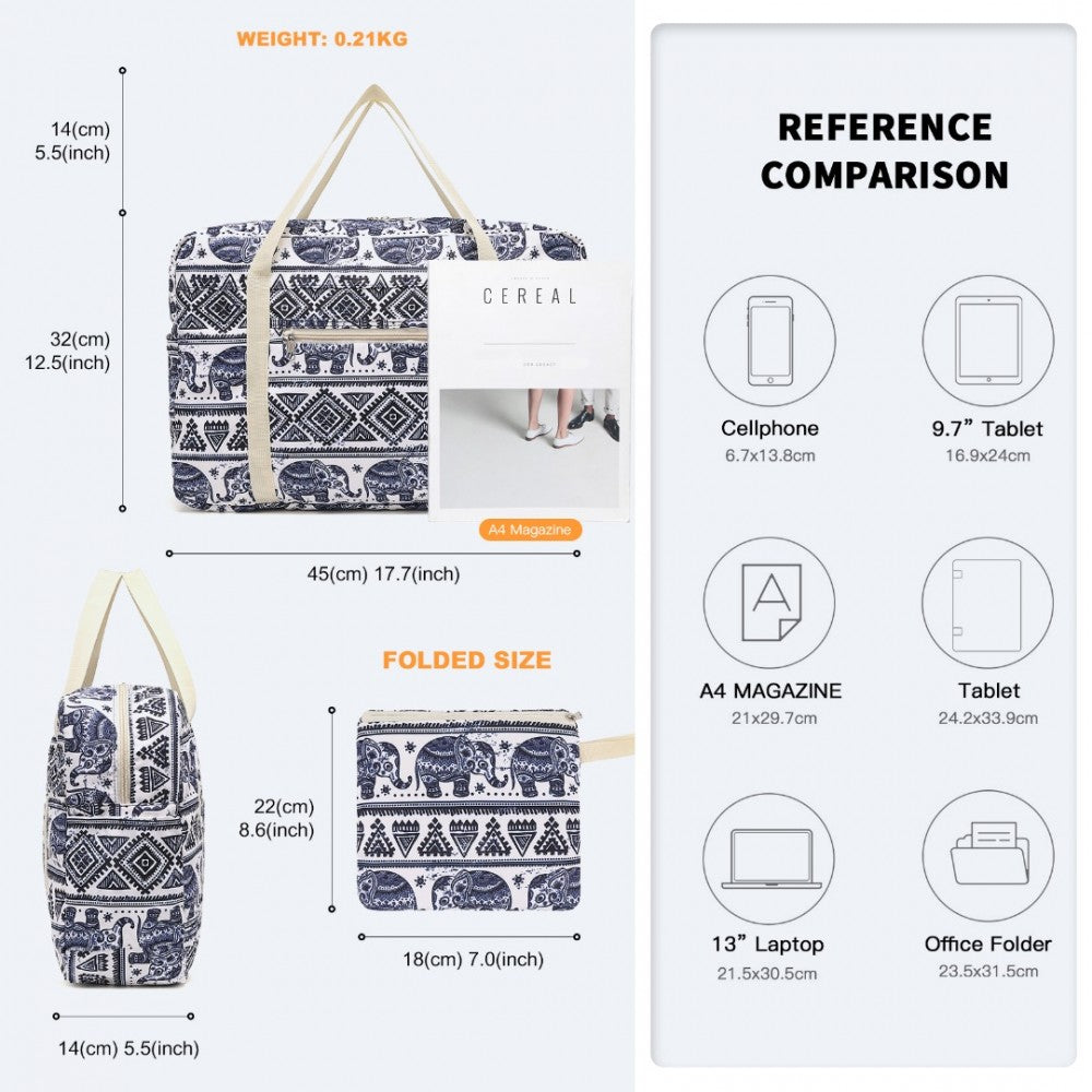 EQ2308E - KONO FOLDABLE WATERPROOF STORAGE CABIN TRAVEL HANDBAG ELEPHANT PRINT - NAVY AND BEIGE