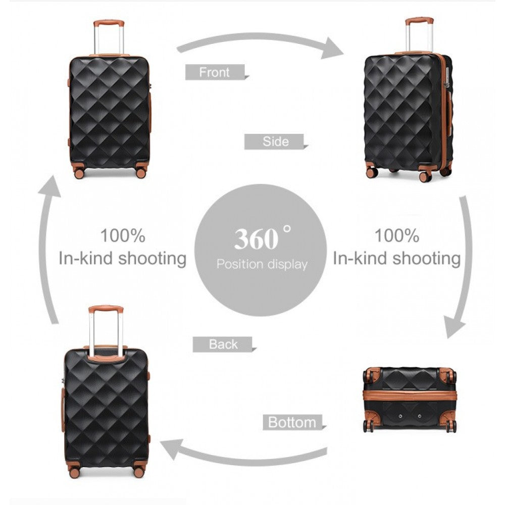 K2395L - BRITISH TRAVELLER 24 INCH ULTRALIGHT ABS AND POLYCARBONATE BUMPY DIAMOND SUITCASE WITH TSA LOCK - BLACK AND BROWN