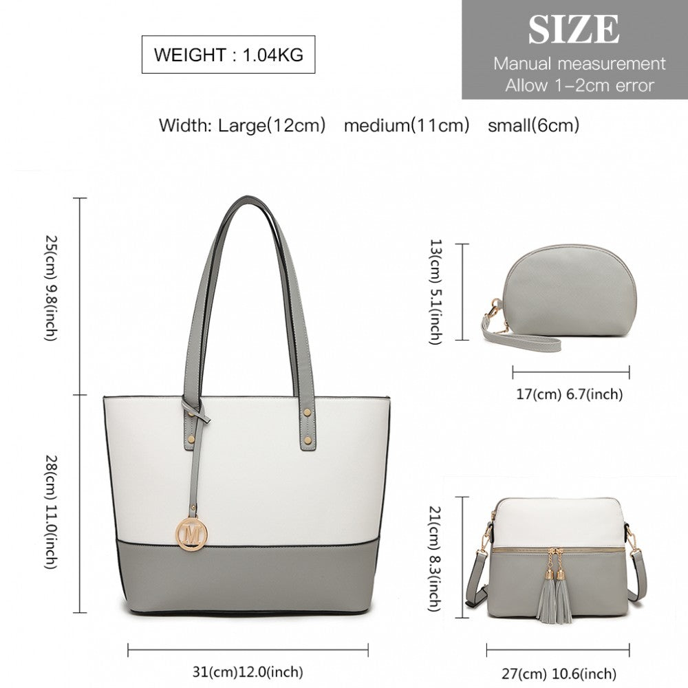 LG2023 - MISS LULU 3 PIECE LEATHER LOOK TOTE BAG SET - GREY AND WHITE