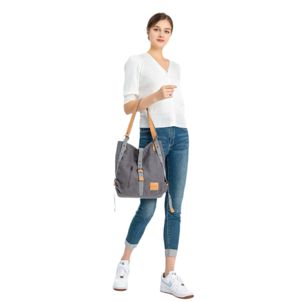 E6850 - KONO CANVAS HOBO SLOUCH SHOULDER BAG AND BACKPACK - GREY